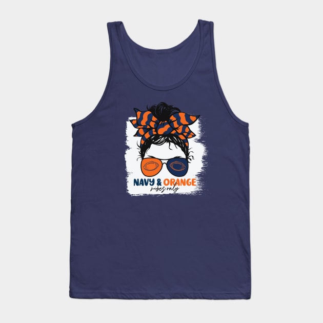 Navy and Orange Vibes Only Football Mom Messy Hair Gameday Tank Top by SLAG_Creative